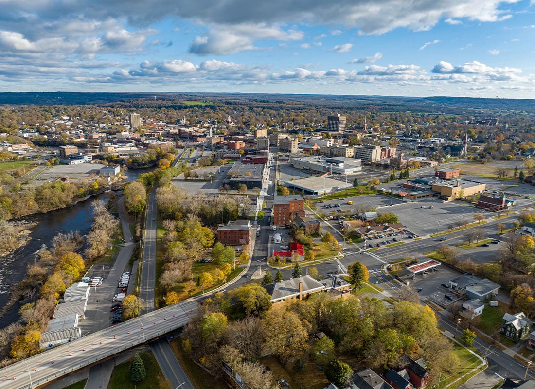 Geneseo, NY - Aerial View of Watertown on a Cloudy Day